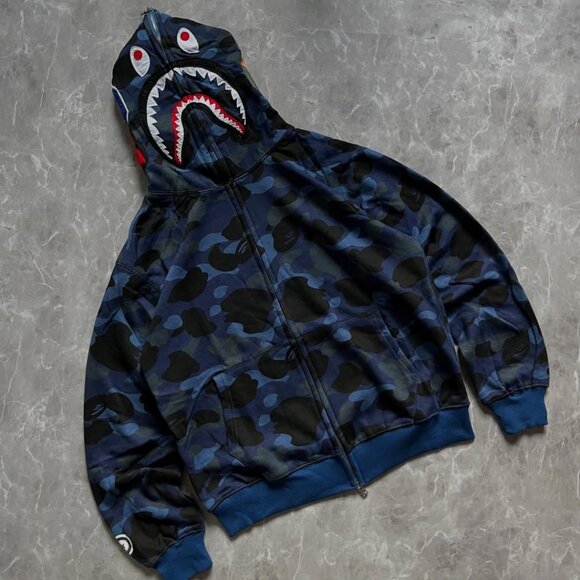 BAPE Color Camo Shark Full Zip Double Hoodie in a navy blue Colorway